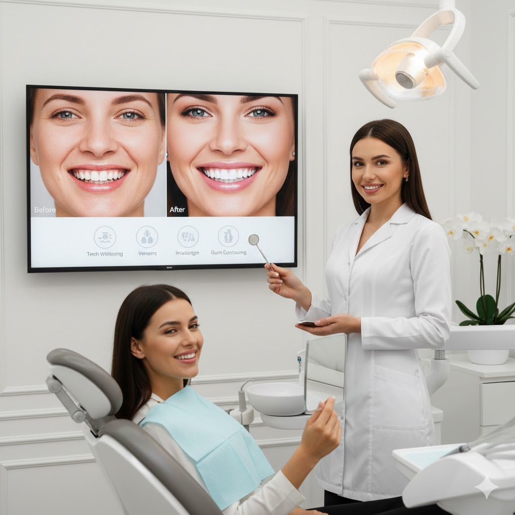 Illustration of a cosmetic dentistry consultation: a smiling patient in the dental chair and a dentist in a white coat pointing to a screen that shows two smiles. Not a photo of Gangtok Dental Clinic or its team