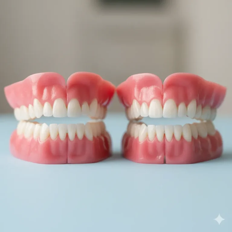 A model of dentures held in gloved hands