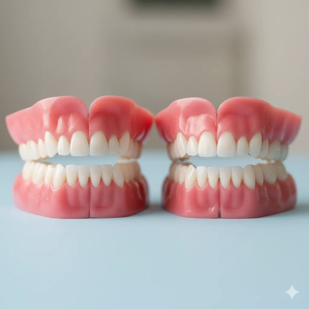 Model of dentures held in gloved hands