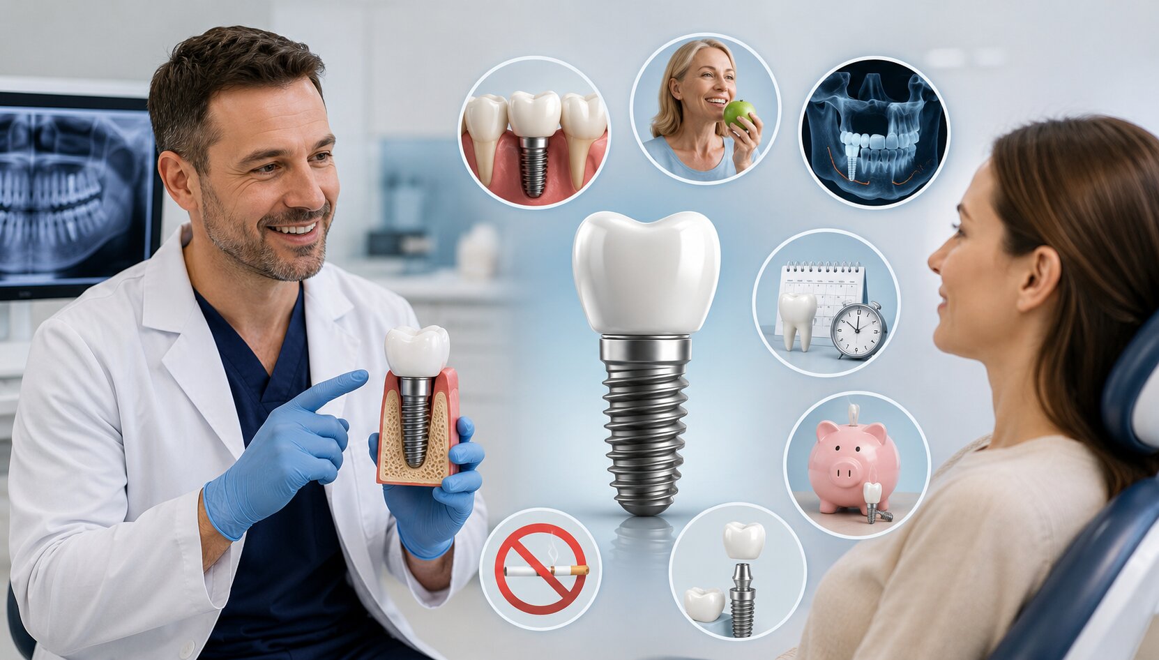 A dentist explaining a dental implant model to a patient, with small pictures around it showing an implant in the jaw, an X-ray, healing time, not smoking and cost