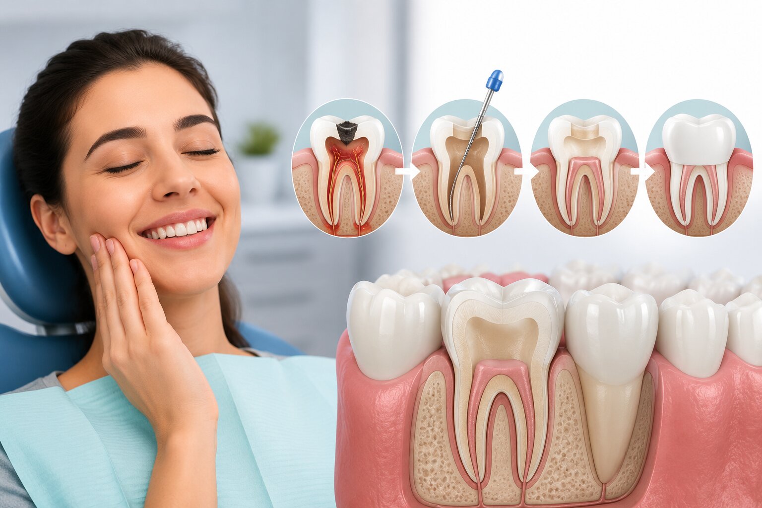 Illustration of the stages of a root canal treatment: an infected tooth, the inside cleaned, the root filled and sealed, and a crown placed, shown beside a patient in a dental chair