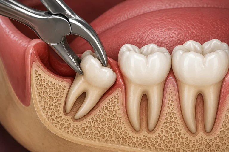 A 3D illustration of dental forceps removing an impacted wisdom tooth that is tilted against the tooth in front of it