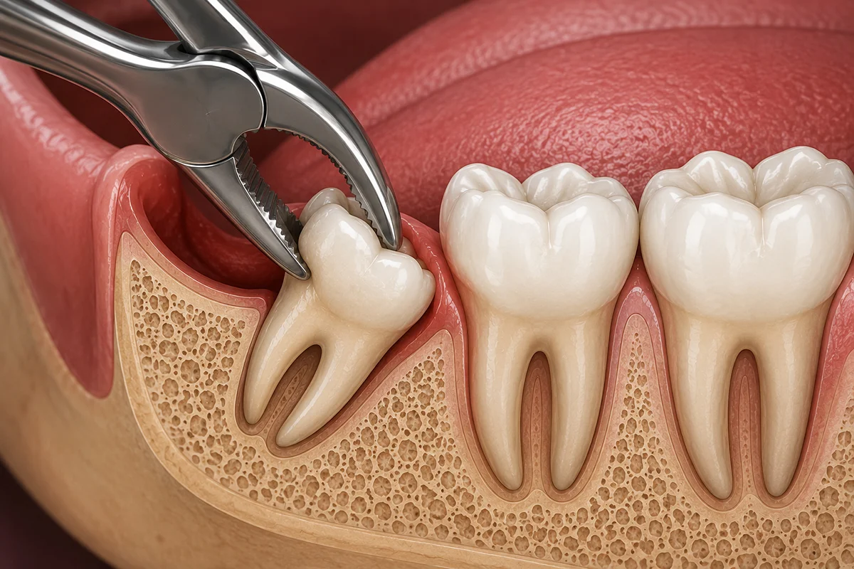 A 3D illustration of dental forceps removing an impacted wisdom tooth that is tilted against the tooth in front of it